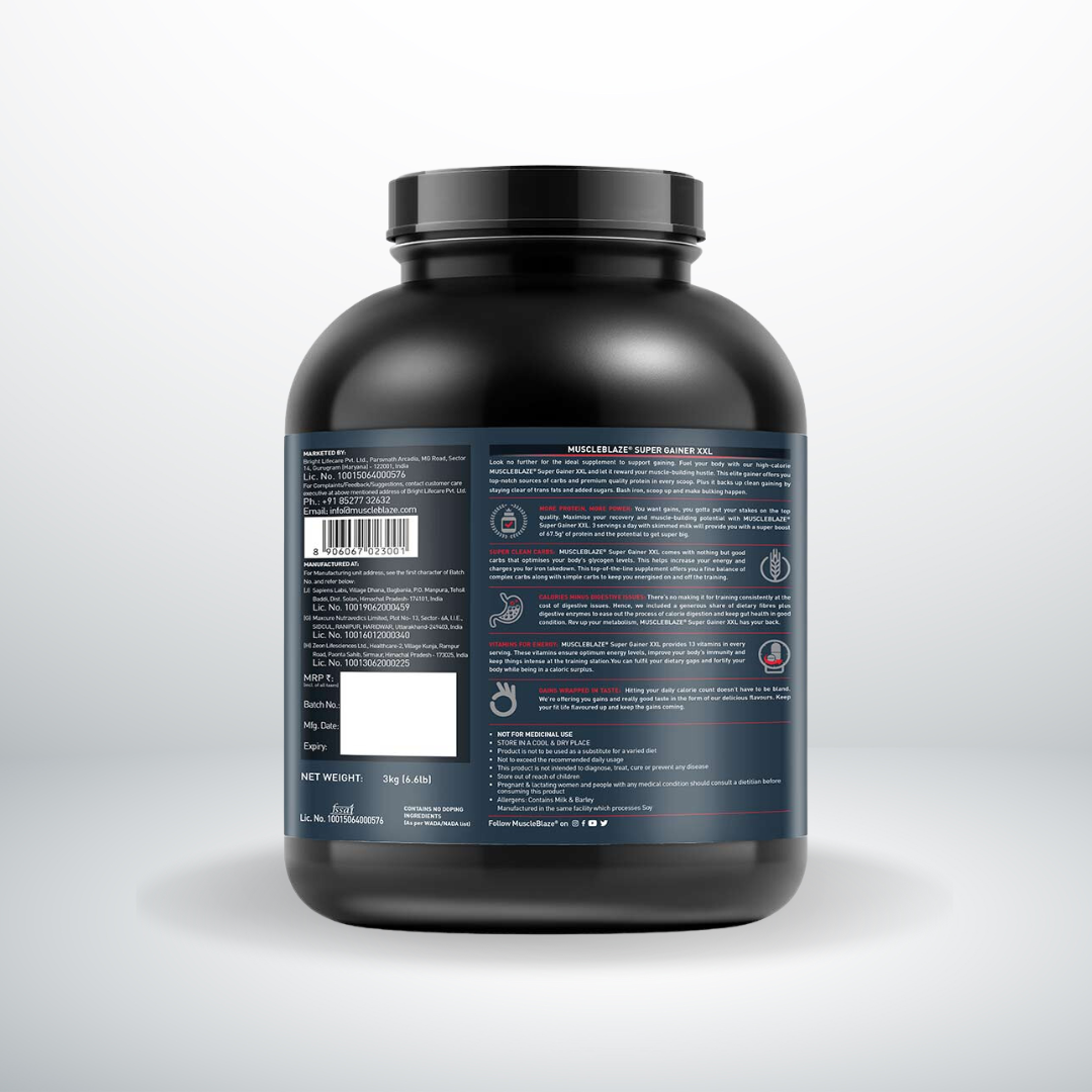MuscleBlaze Mass Gainer Powder- Xxl, With Complex Carbs, High Protein & Digestive Enzymes (Chocolate, 3 Kg )