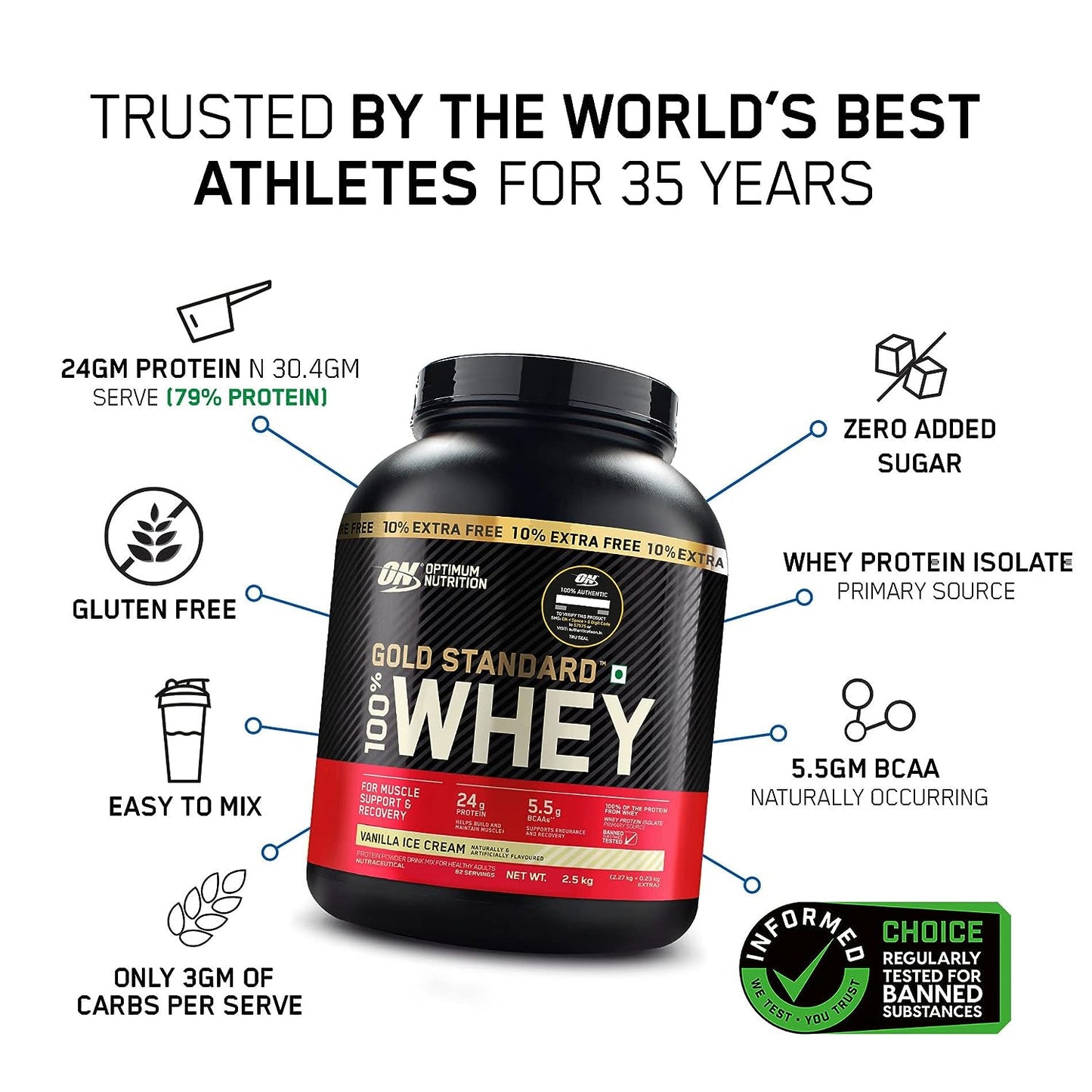 Optimum Nutrition (ON) Gold Standard Whey Protein Powder Vanilla 5lbs