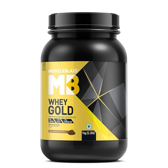 MuscleBlaze Whey Gold, Whey Protein Isolate, Rich Milk Chocolate 1kg