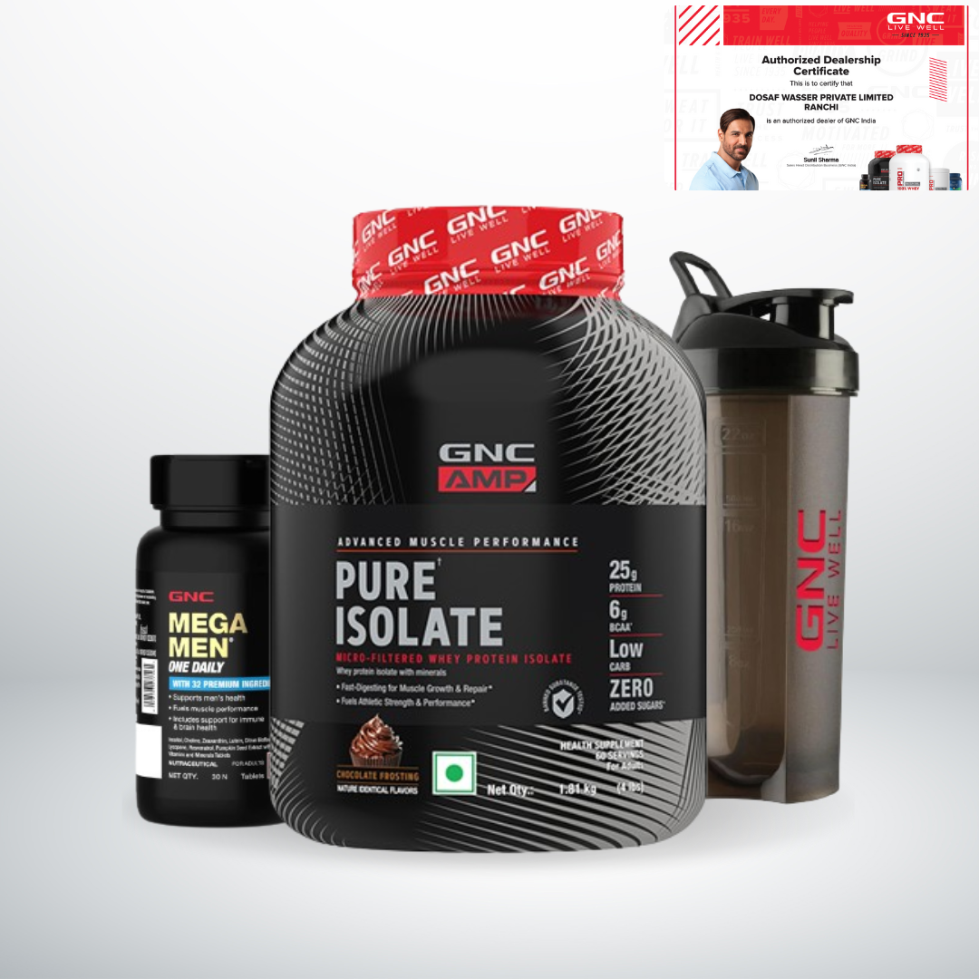 GNC AMP Pure Isolate Low Carb Chocolate Frosting 4 lbs + Shaker Free + Multivitamin Free