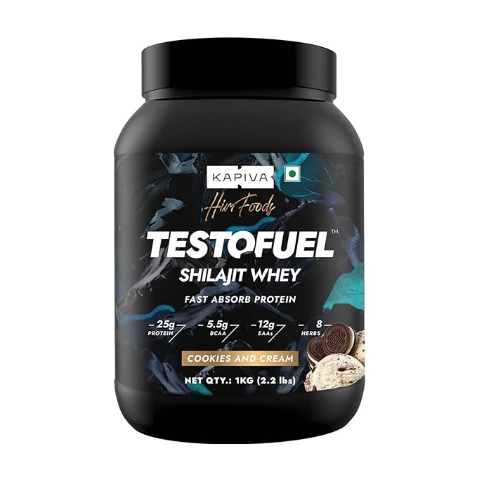 Kapiva TestoFuel Shilajit Whey Protein with Digezyme Cookies &amp; Cream Flavor, 1Kg