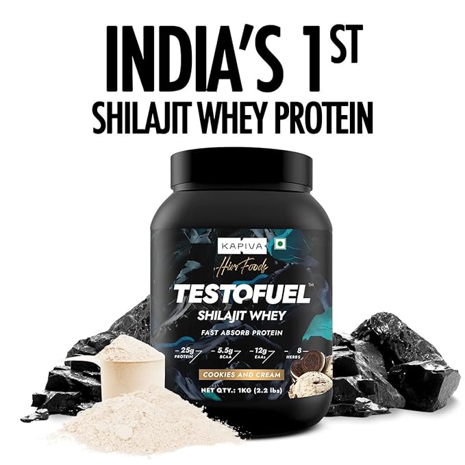 Kapiva TestoFuel Shilajit Whey Protein with Digezyme Cookies &amp; Cream Flavor, 1Kg