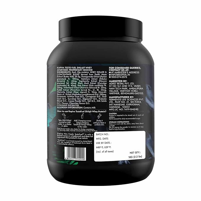 Kapiva TestoFuel Shilajit Whey Protein with Digezyme Chocolate Flavor, 1Kg