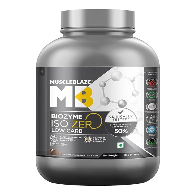 MuscleBlaze Biozyme Iso-Zero, Low Carb, Pure Whey Protein Isolate Ice Cream Chocolate2kg